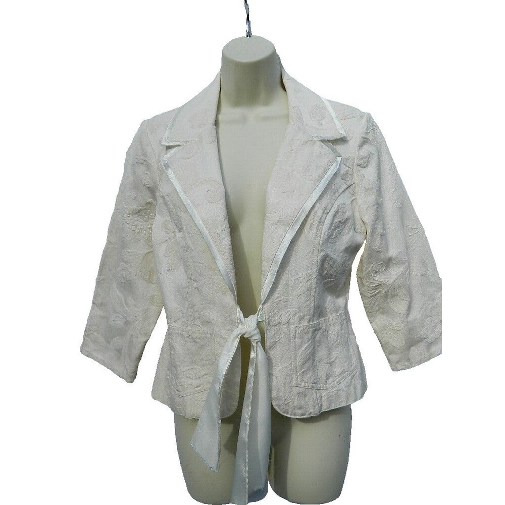 Wet Seal Tie Up Jacket Womens Size L White Blazer Embossed Design Pockets Sash